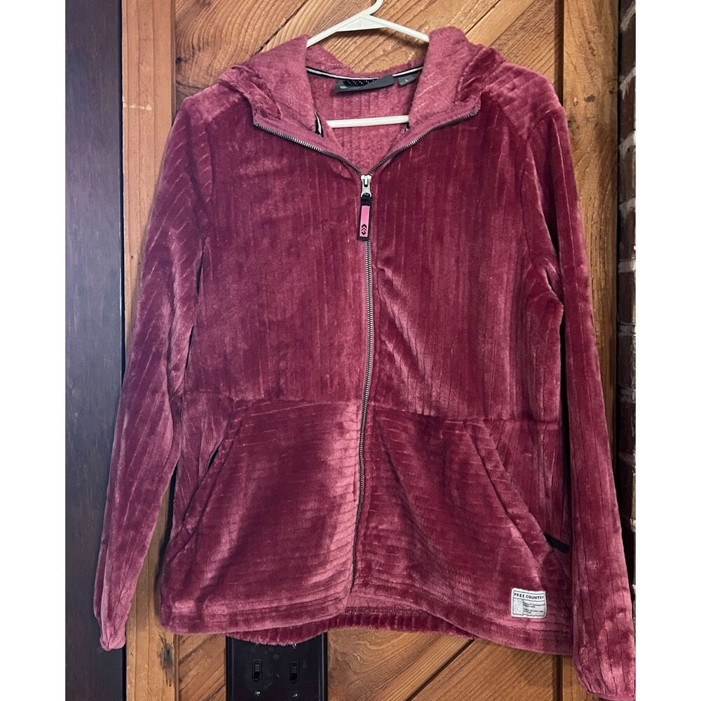 Free Country Womens Large Plush Faux Fur Fleece Hooded Zip Jacket Burgundy Pink